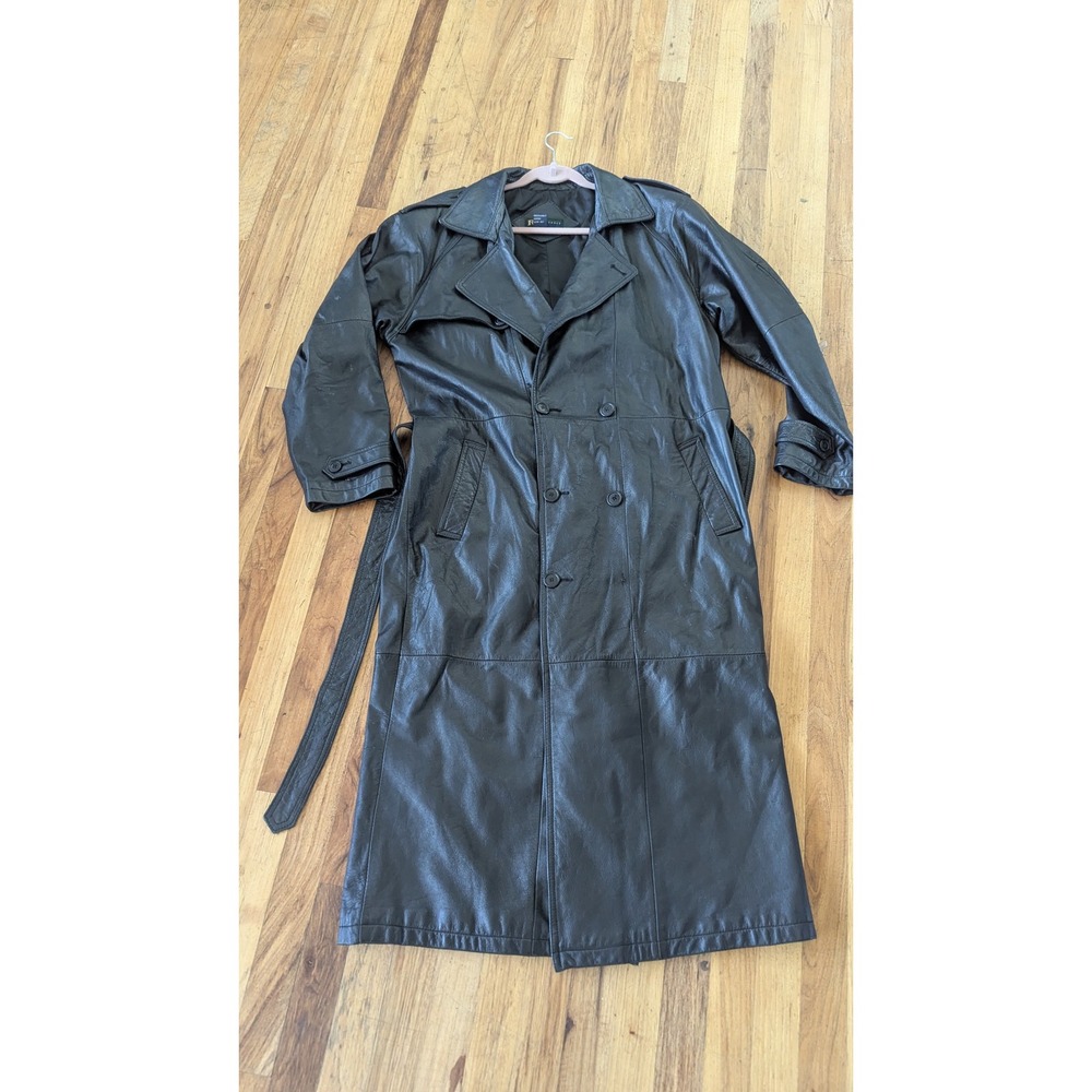 R&R Casuals Mens Black Genuine Leather Trench Coat Belted Long Jacket Size M